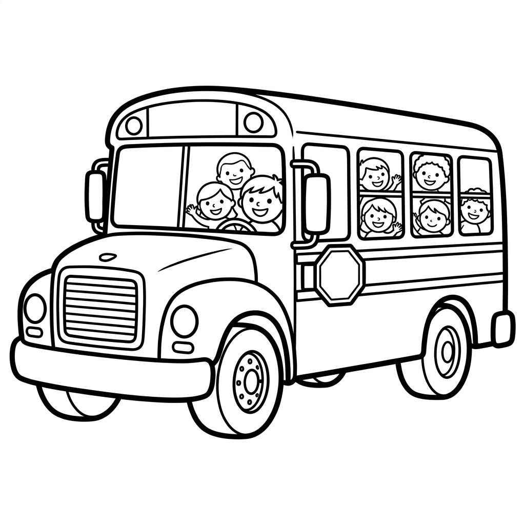 Welcome to preschool coloring page of a big school bus with happy cartoon children waving from the windows